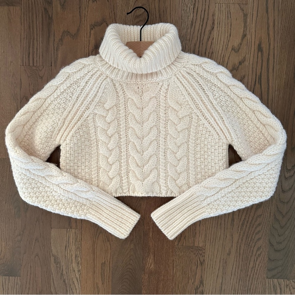 Cecilie Bahnsen Giselle Wool Alpaca Cableknit Turtleneck Crop Sweater Ivory XS/S